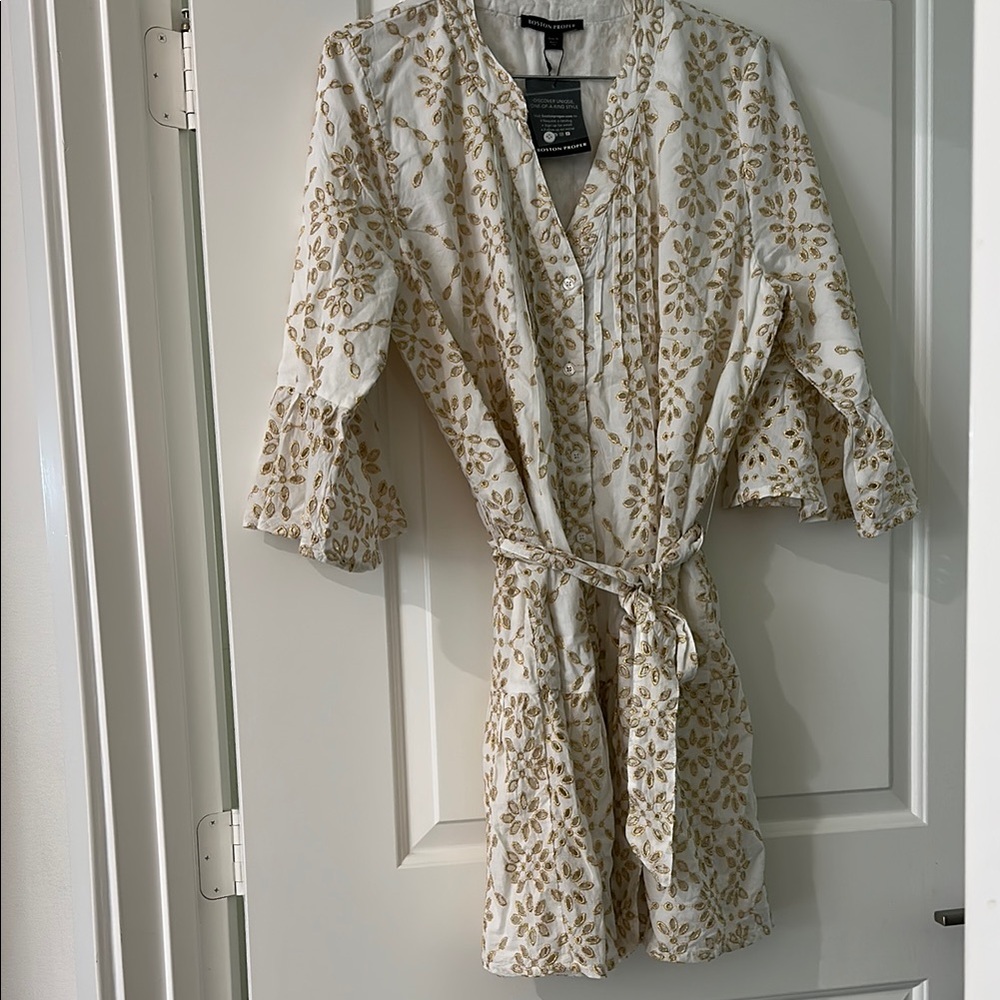 Boston Proper Cream and Gold Eyelet Dress with Tie Belt